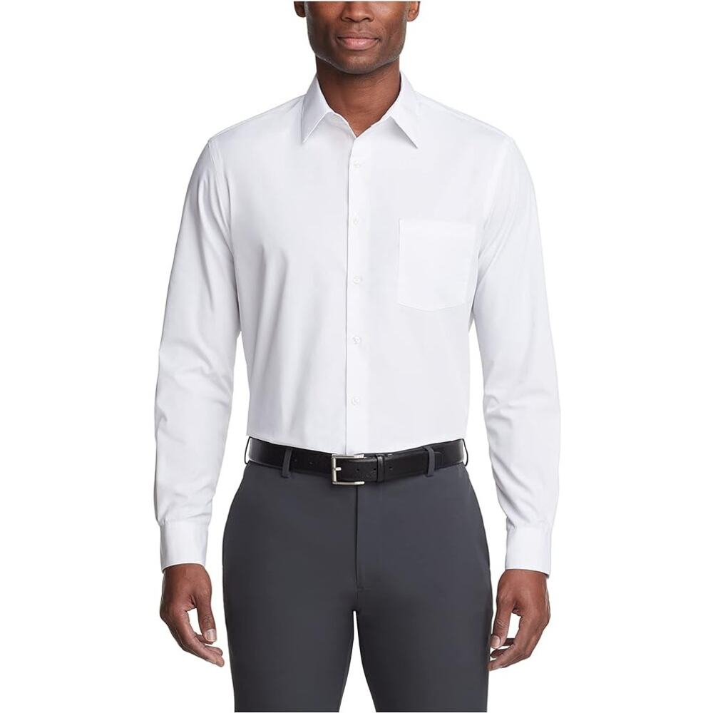 Van Heusen Men's Regular Fit Solid Point Collar Dress Shirt, White, 18" Neck